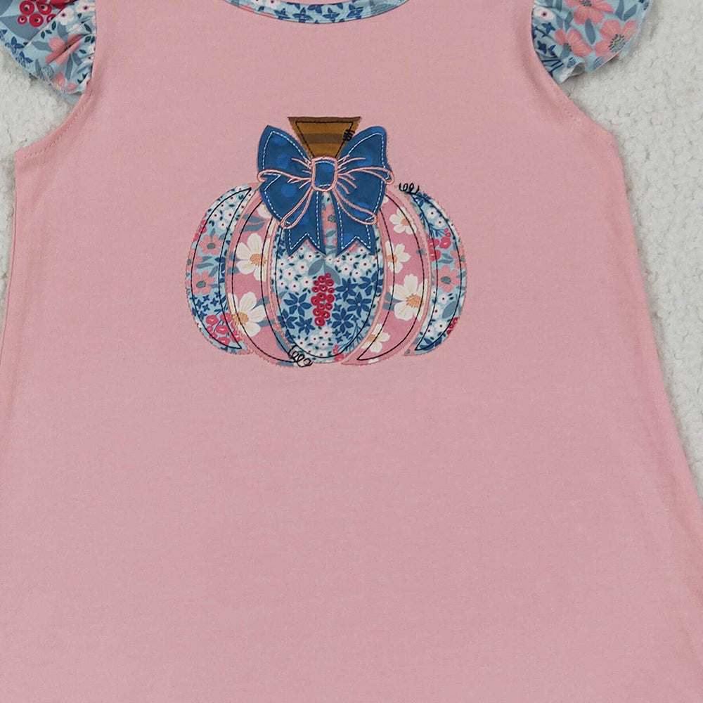 8.15 RTS NO MOQ （In stock） GSD2585 Baby Girls Summer Dress Baby Girls Pink Flutter Sleeves Floral Pumpkin Ruffle Knee Length Dresses