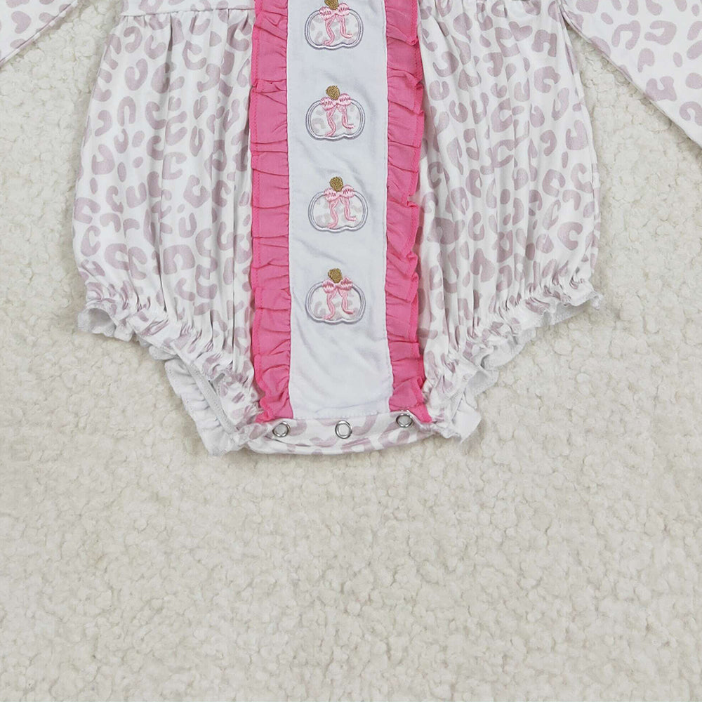 RTS NO MOQ （In stock）LR2220 Baby Girls Winter Rompers Embroidery Bows Pumpkins Baby Girls Leopard Fall Ruffle Rompers
