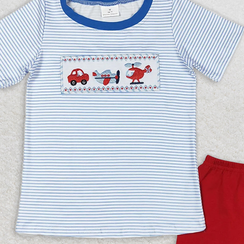 BSSO0649 RTS NO MOQ Baby Boys Summer Boys Outfits Baby Boys Blue Stripes Transpotation Shirt Shorts Clothes Sets