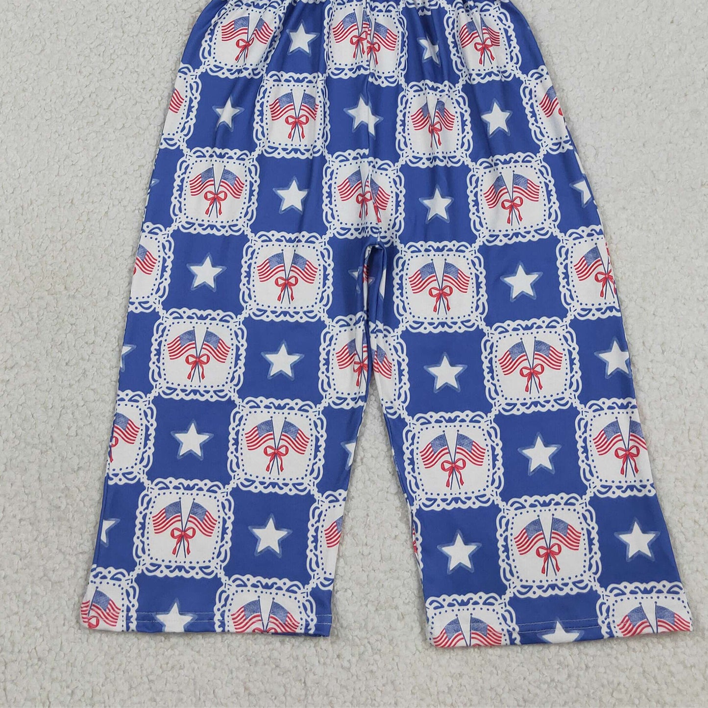 SR3875 RTS NO MOQ （In stock ）Straps flag bow stars kids girls 4th of july jumpsuit