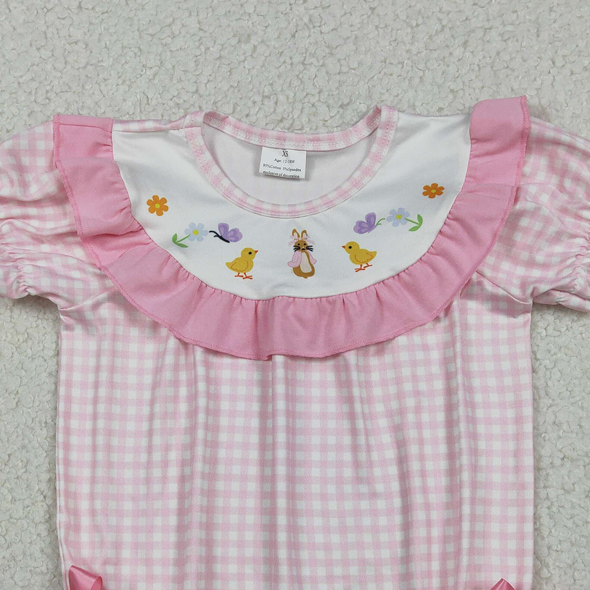 12.24 RTS NO MOQ （In stock）SR3565 Baby Girls Pink Checked Rabbits Chicks Easter Ruffle Rompers
