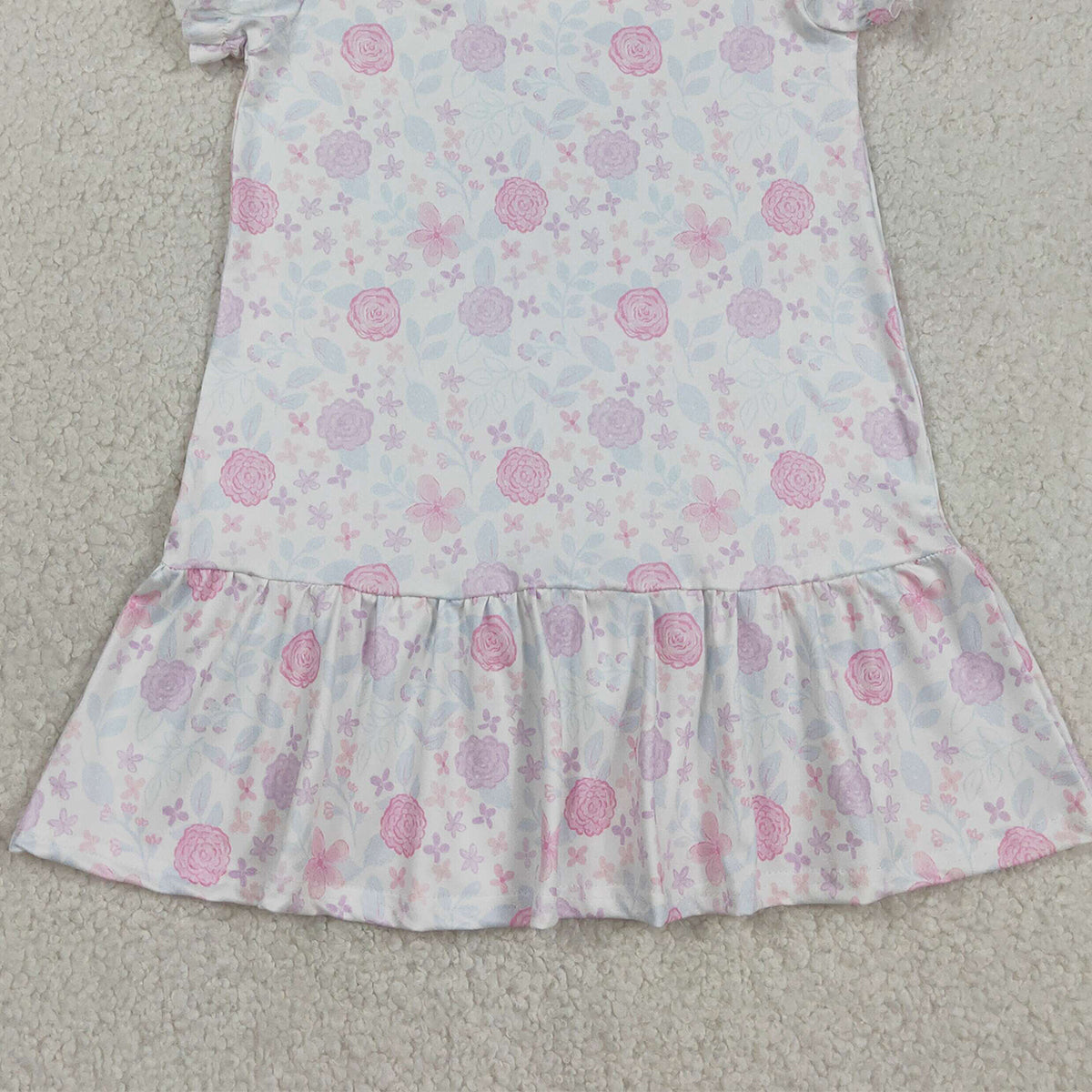 3.14 RTS NO MOQ （In stock）GSD3717 Kids Fashion Clothes Baby Girls Short Sleeve Pink Lavender Flowers Ruffle Knee Length Dresses