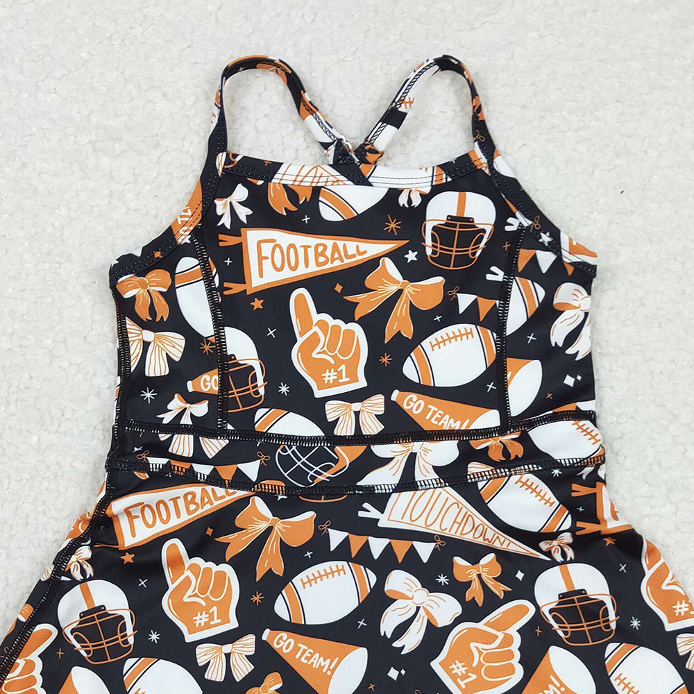 RTS NO MOQ （In stock）GSD2777 Baby Girls Yoga Dress Baby Girls Strap Bows Footballs Shorts Team Yoga Active Knee Length Dress