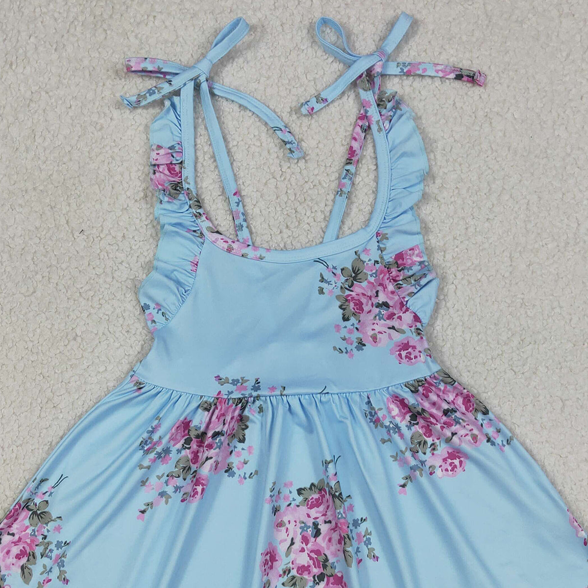 4.11 GSD4088 RTS NO MOQ （In stock ）Baby Girls Blue Strap Flowers Knee Length Dresses