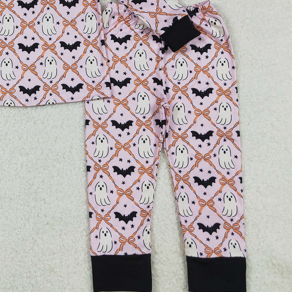 RTS NO MOQ （In stock）GLP2639 Baby Girls Winter Outfits Long Sleeves Bows Bats Ghosts Plaid Top Pant Pajamas Set