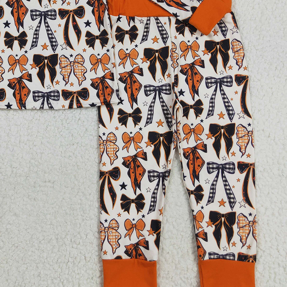 8.23 RTS NO MOQ （In stock）GLP2573 Baby Girls Winter Outfits Baby Girls Colorful Bows Stars Plaid Top Pant Halloween Pajamas Set