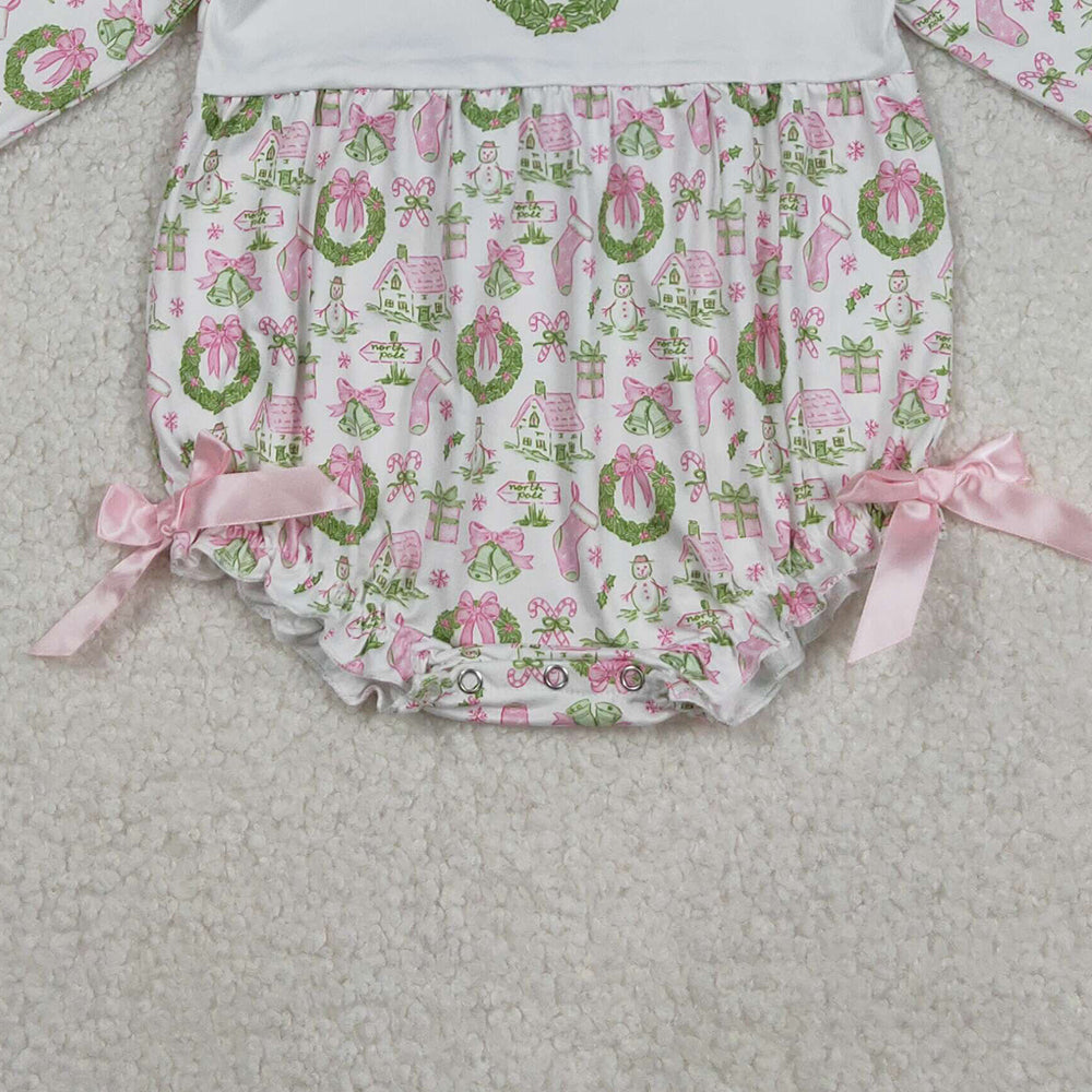 RTS NO MOQ （In stock）LR2325 Baby Girls Winter Rompers Baby Girls Long Sleeves Pink Gifts Bows Holly Plaid Ruffle Rompers