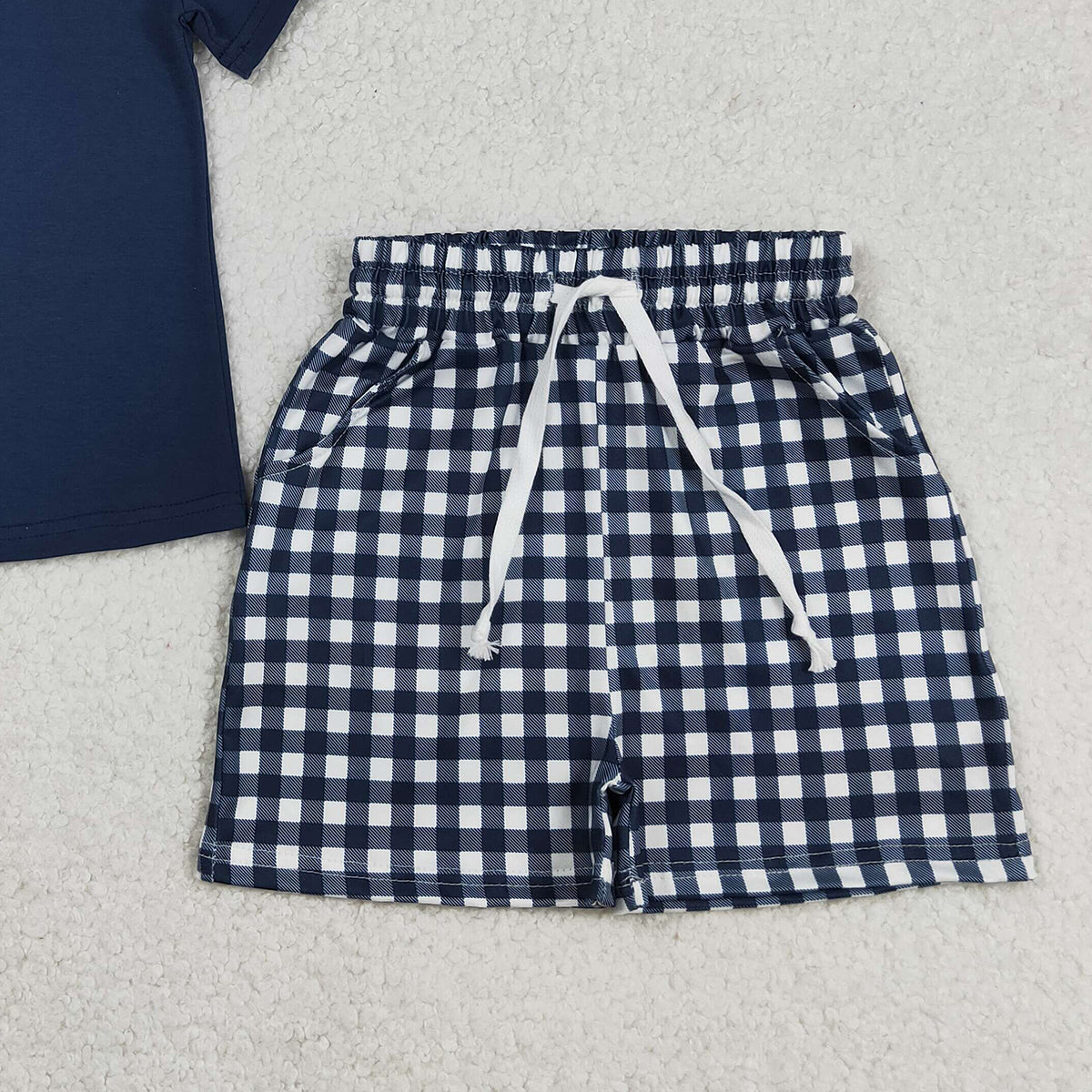 3.12 RTS NO MOQ （In stock）BSSO1882 Kids Clothing for Baby Boys Short Sleeve Navy Shirts Top Checked Pockets Short Clothes Sets