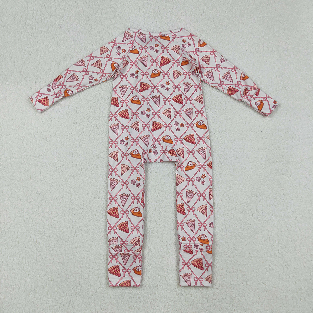 RTS NO MOQ （In stock） LR2594 Baby Girls Winter Rompers Pink Bows Thanksgiving Cake Fall Zipper Footie Rompers