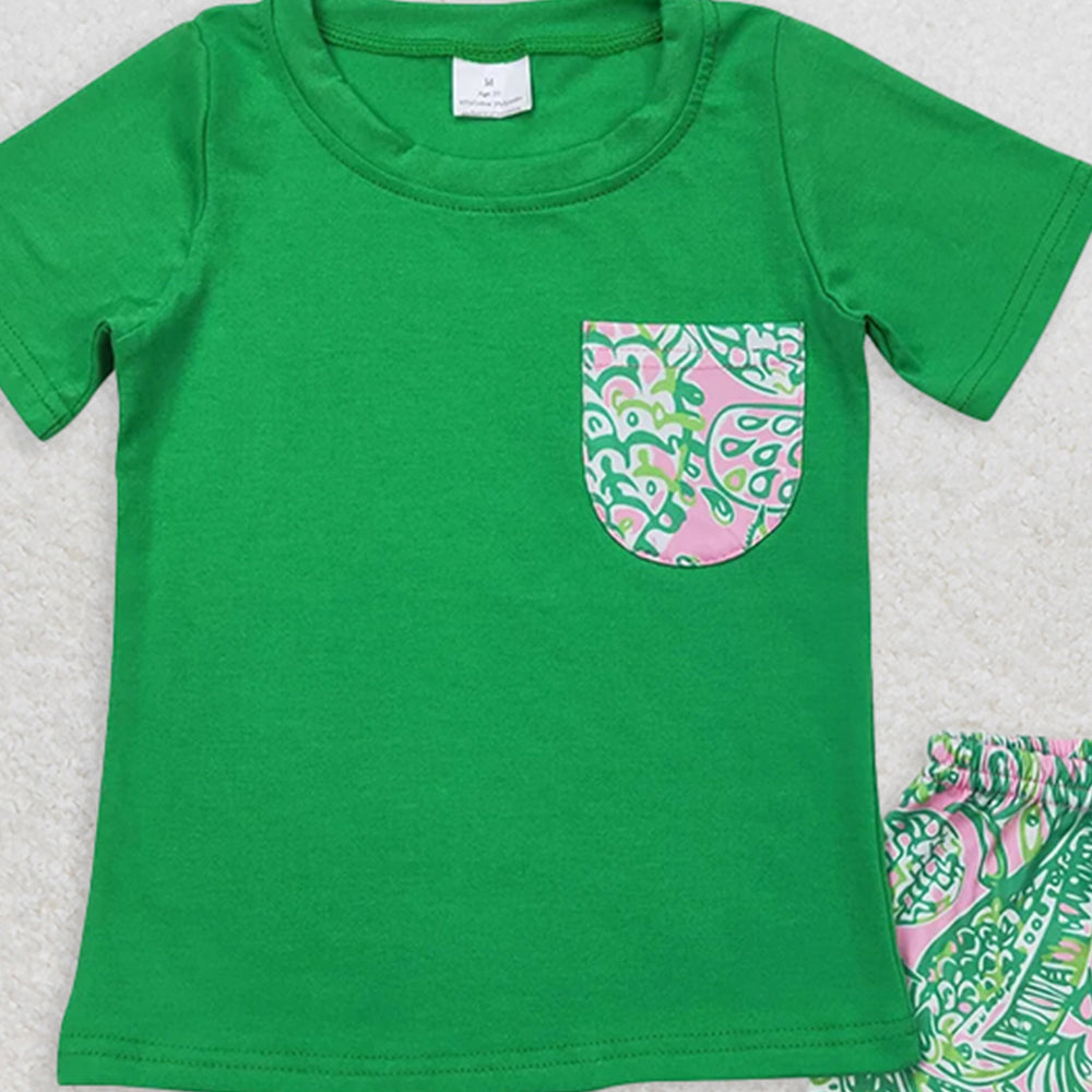 BSSO0839RTS NO MOQ Baby Boys Summer Boys Outfits  Baby Boys Green Short Sleeve Tee Shirts Tops Fishes Shorts Clothes Sets
