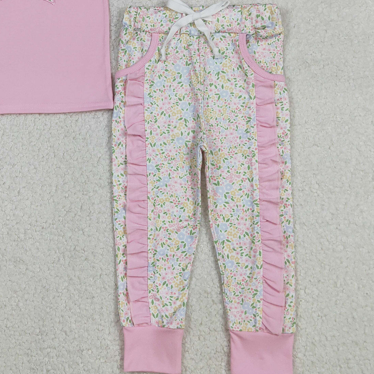 12.8 RTS NO MOQ （In stock）GSPO2060 Embroidery Floral Bows Baby Girls Shirt Pockets Ruffle Leggings Clothes Set