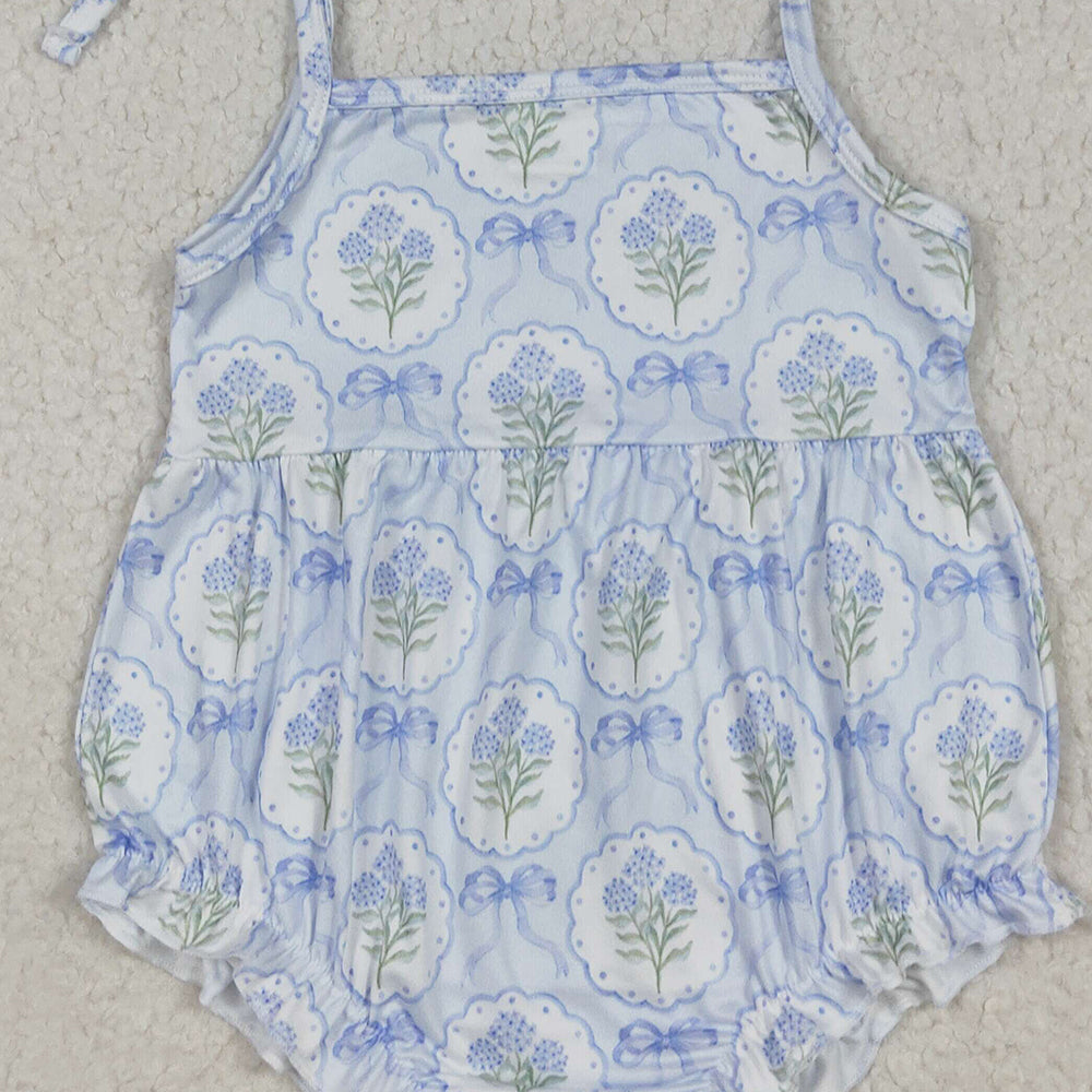 SR3117 RTS NO MOQ Baby Girls Summer Rompers Straps blue bow floral baby girls summer romper