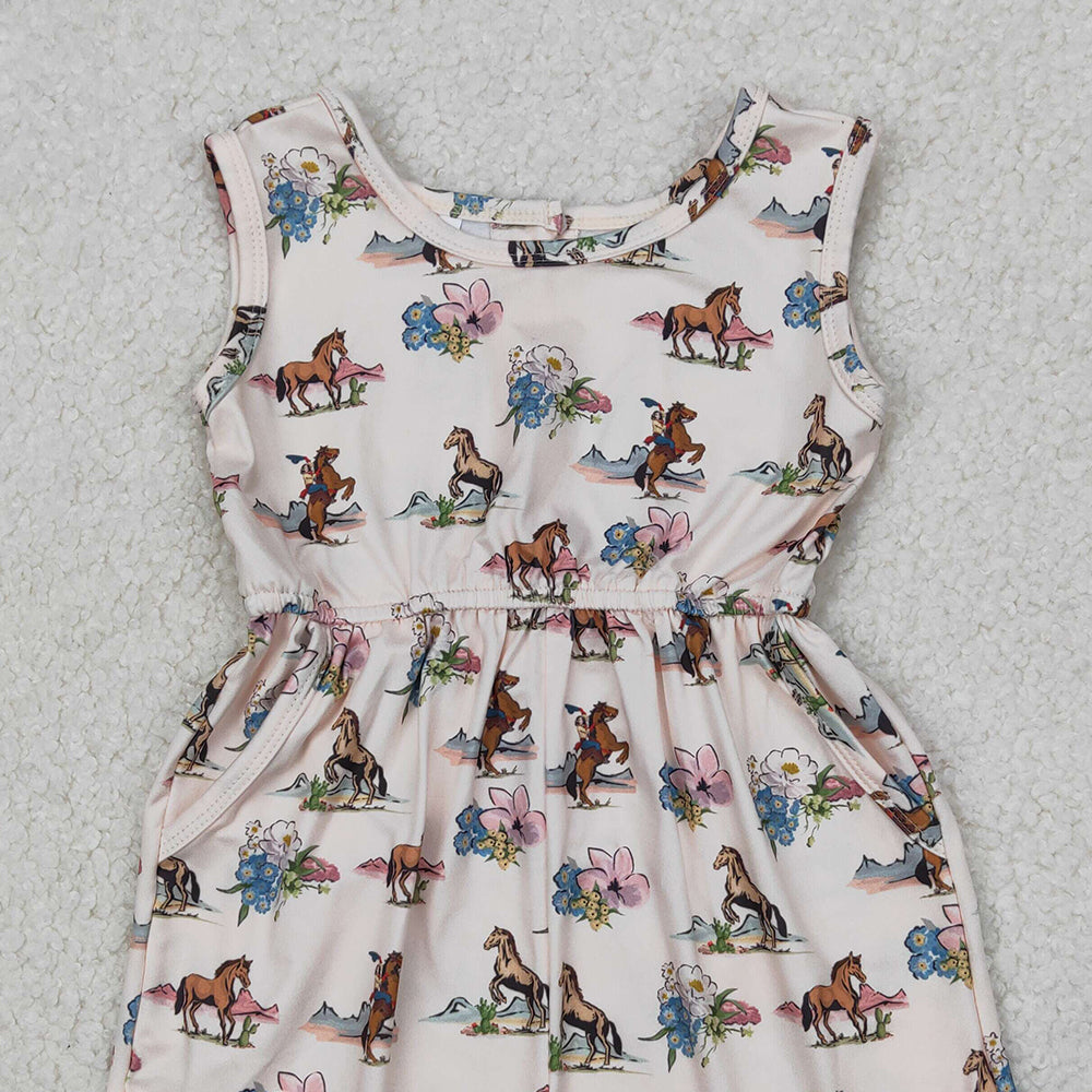 4.14 SR2695 RTS NO MOQ Sleeveless horse rodeo floral western girls jumpsuit