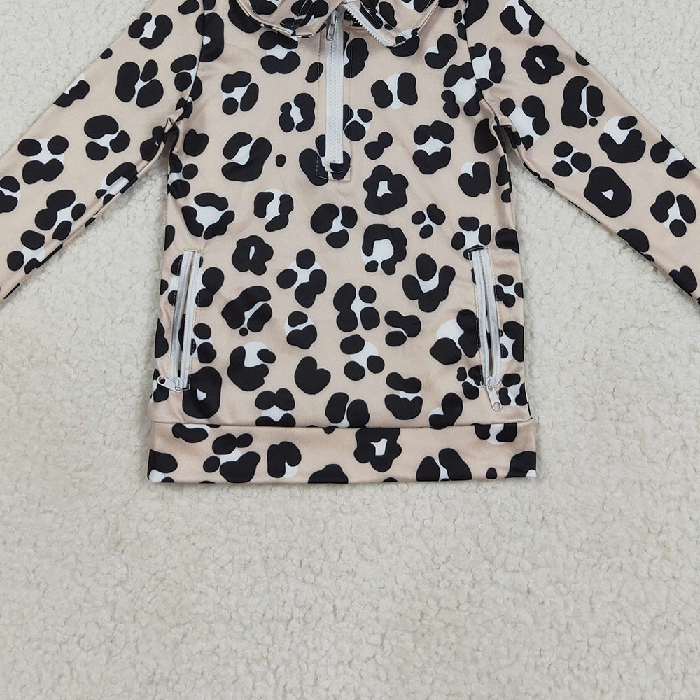8.22 RTS NO MOQ （In stock）GT1072 Baby Girls Yoga Tops Baby Girls Long Sleeves Black Leopard Pockets Zipper Yoga Jackets