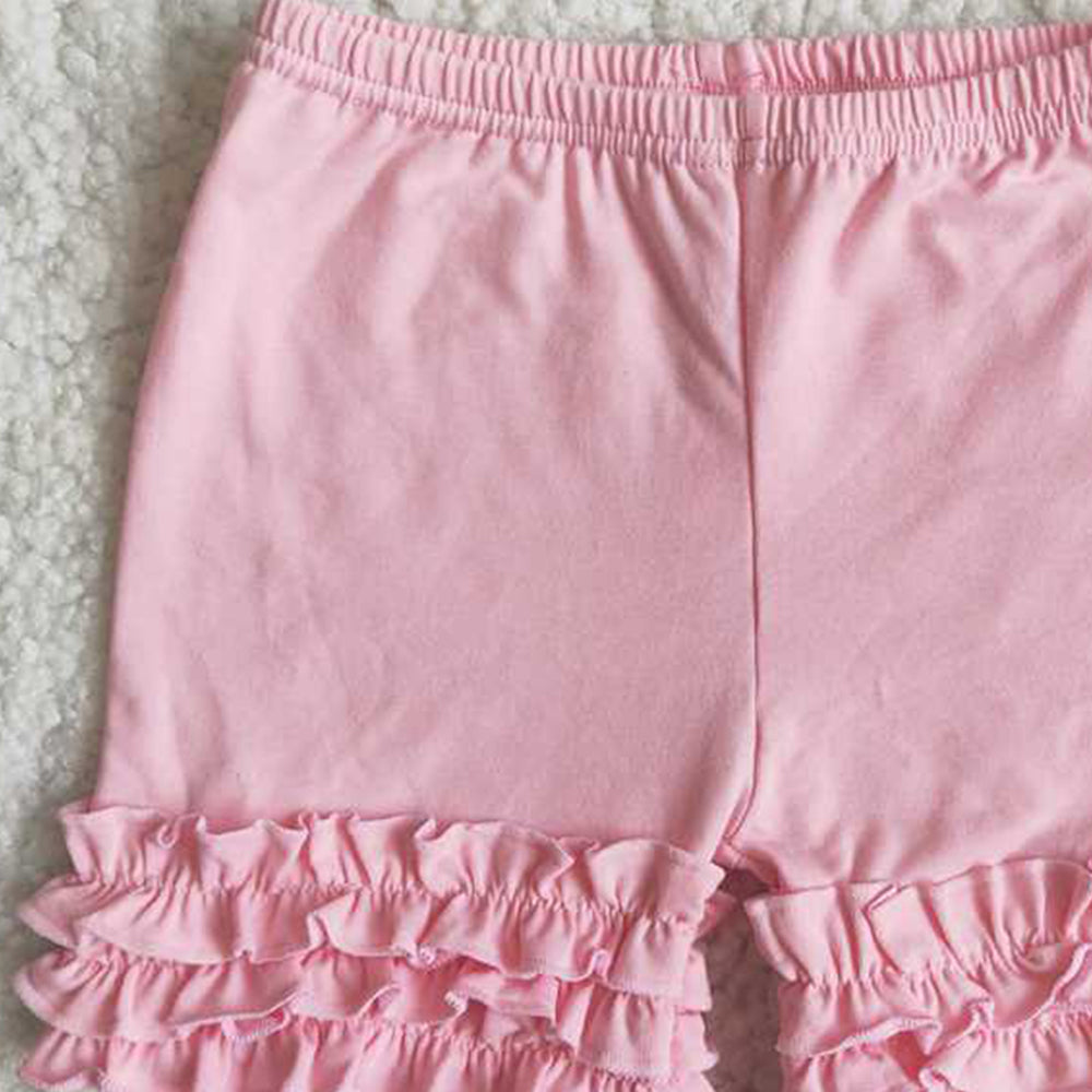C13-15 RTS NO MOQ Pink Icing Ruffle Shorts for Girls Soft Cotton Stretchy Comfortable Fit Kids' Clothing Pink Ruffled Shorts for Girls