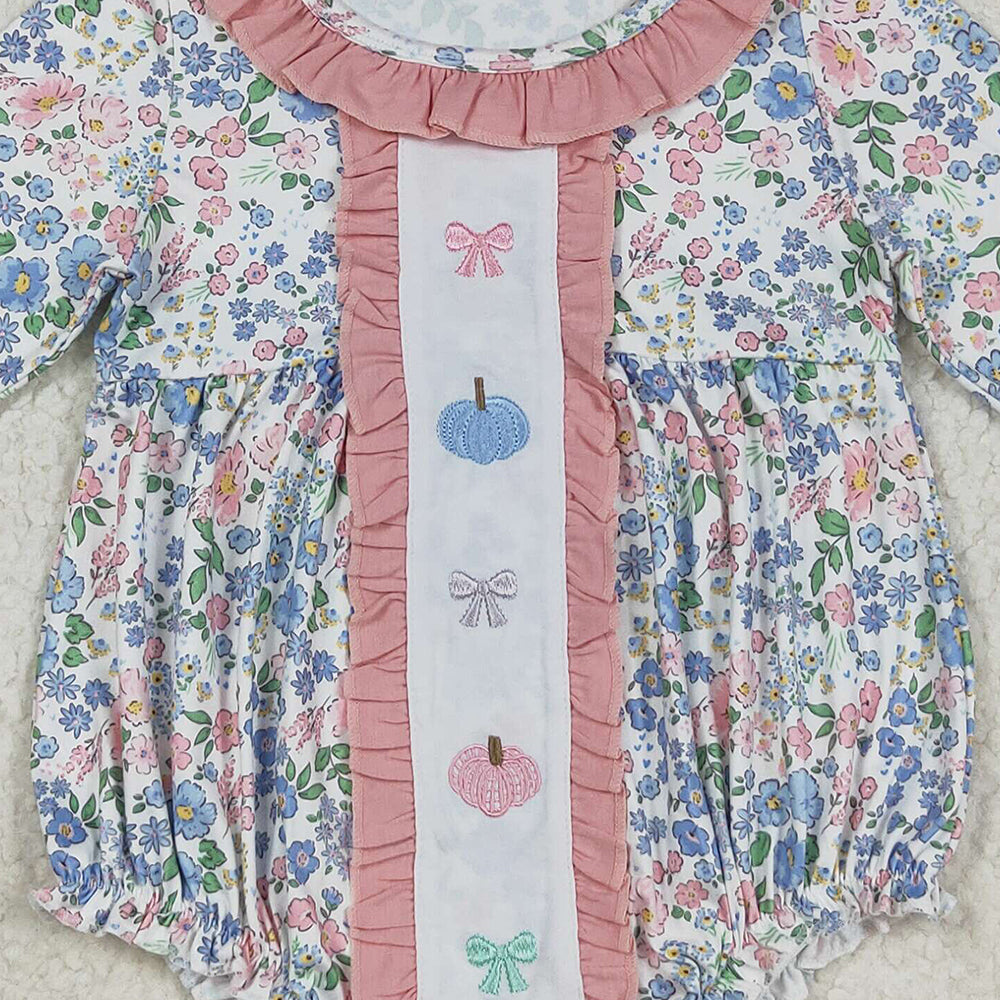 RTS NO MOQ （In stock）LR2273 Baby Girls Winter Rompers Embroidery Baby Girls Long Sleeves Floral Bows Pumpkins Ruffle Rompers