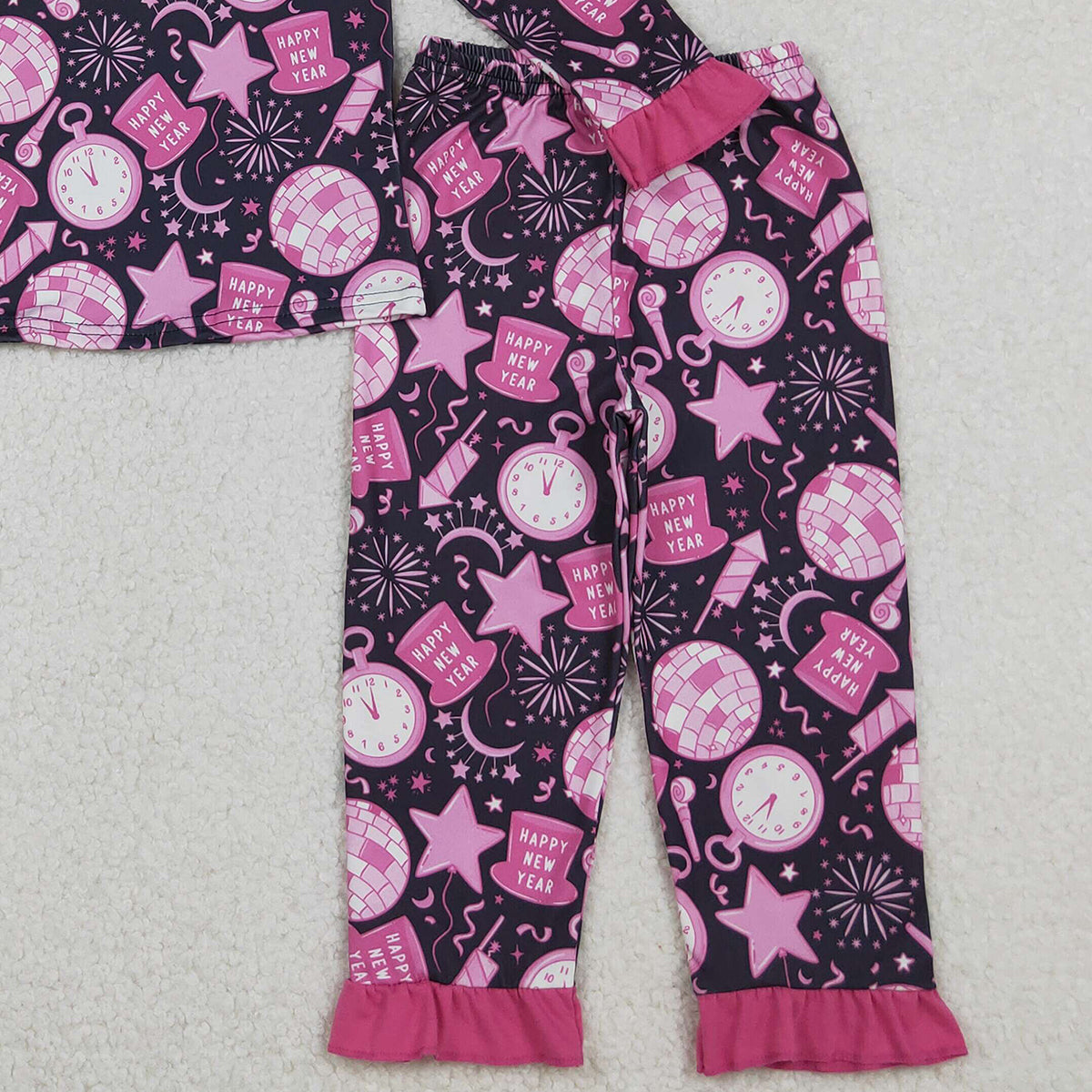 10.17 RTS NO MOQ （In stock）GLP2771 Baby Girls Hot Pink Happy New Year Button Top Pant Pajamas Sets