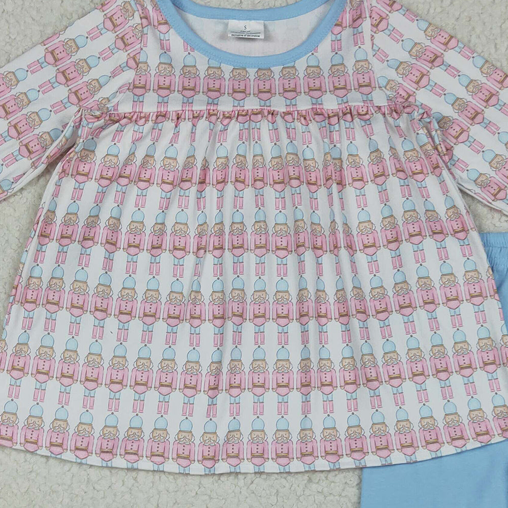 RTS NO MOQ （In stock） GLP2456 Baby Girls Winter Outfits Baby Girls Christmas Soldier Plaid Top Blue Ruffle Pant Sets
