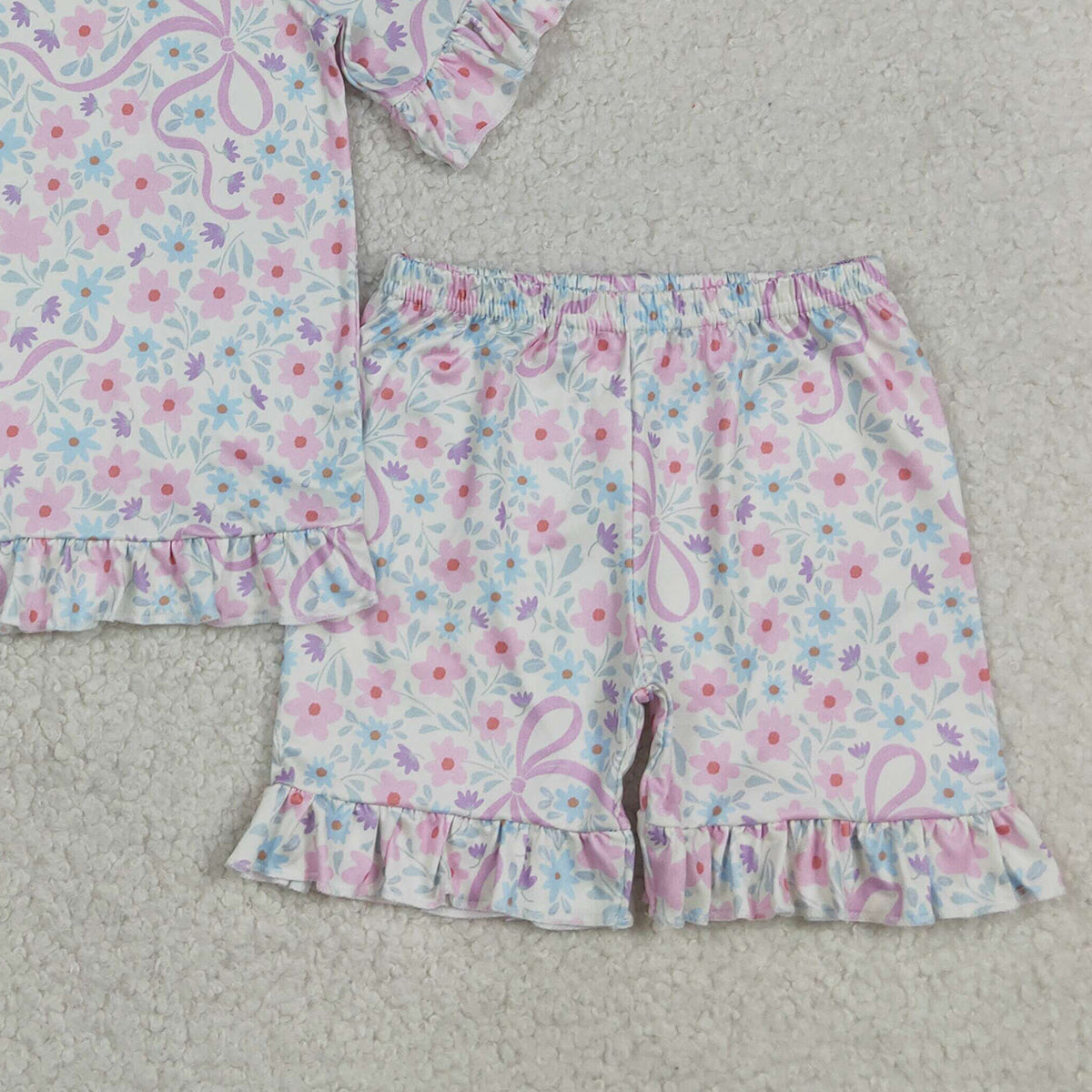 GSSO3322 RTS NO MOQ （In stock ）Short sleeves floral bow ruffle top shorts girls outfits