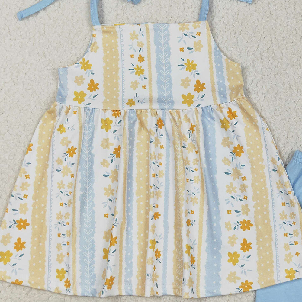 7.15  GSSO2302RTS NO MOQ Baby Girls Summer Outfits Baby Girls Light Blue Strap Floral Stripe Tunic Ruffle Short Set