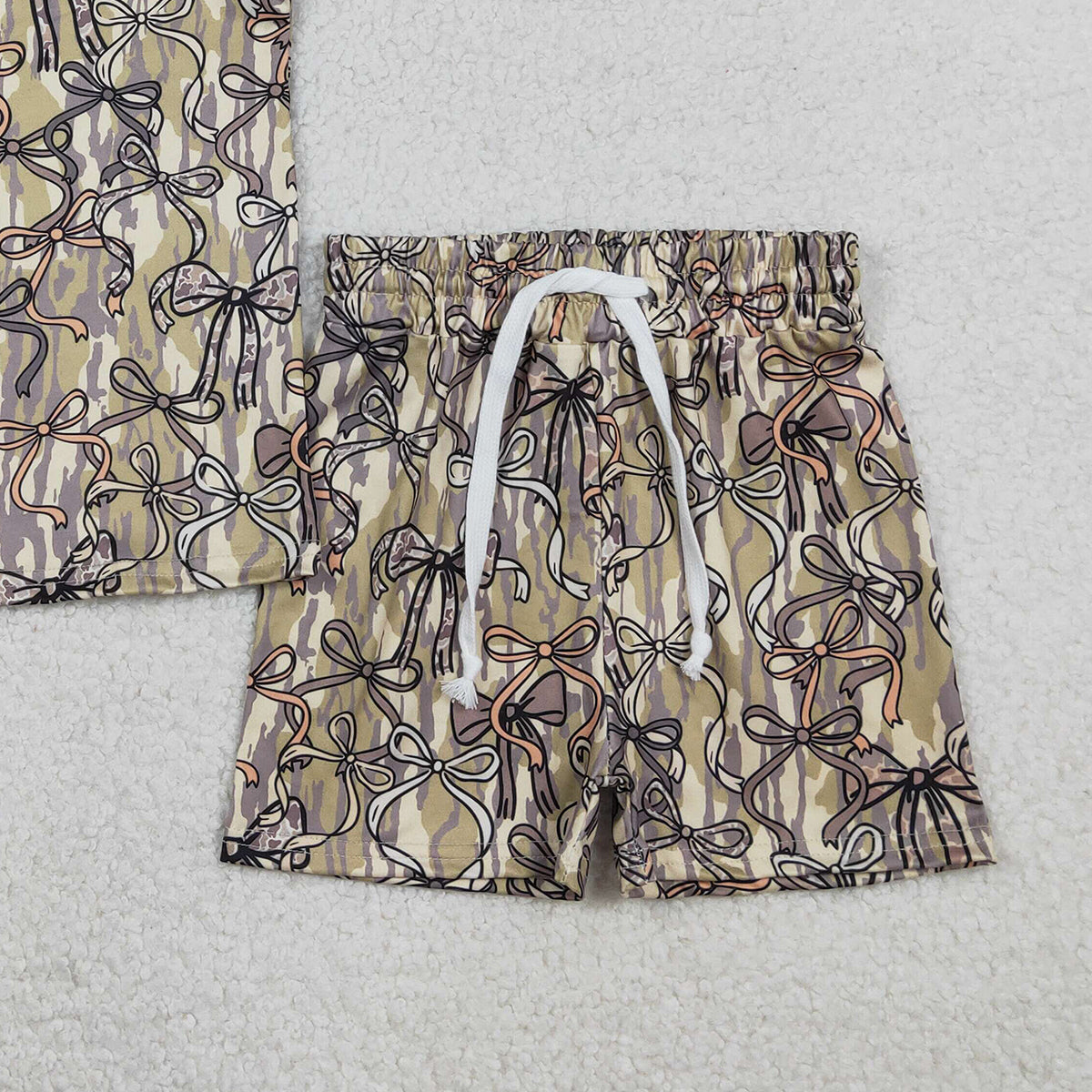 1.23 RTS NO MOQ （In stock）GSSO3127 Baby Girls Sleeveless Southern Olive Camo Bows Top Shorts Clothes Sets