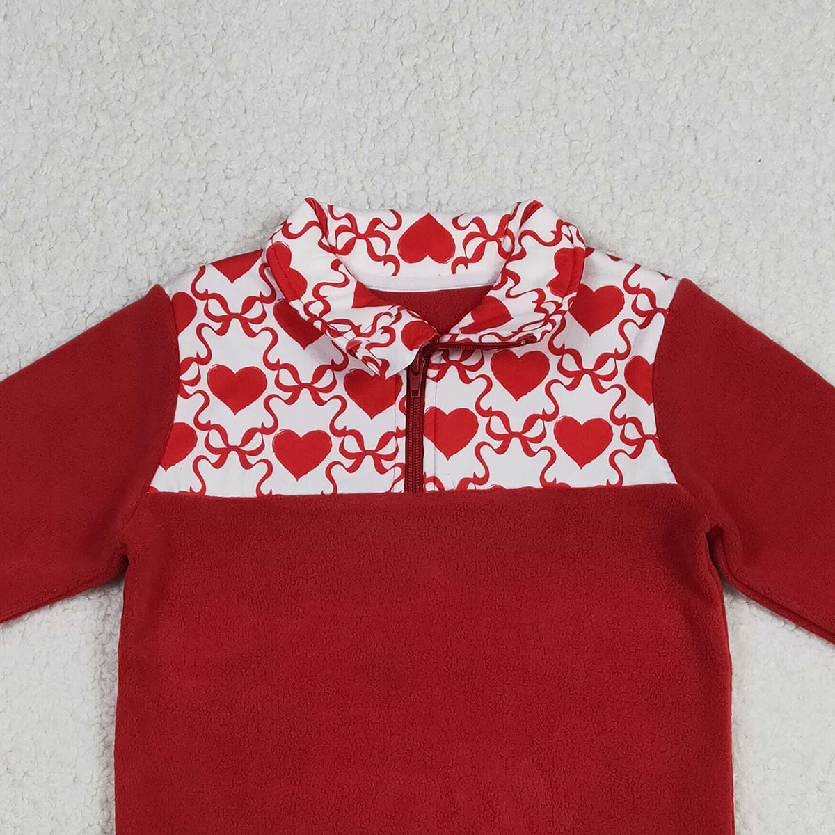 12.23 RTS NO MOQ （In stock）GT1505 Baby Girls Red Long Sleeve Bows Hearts Checked Valentines Zipper Sweater Top