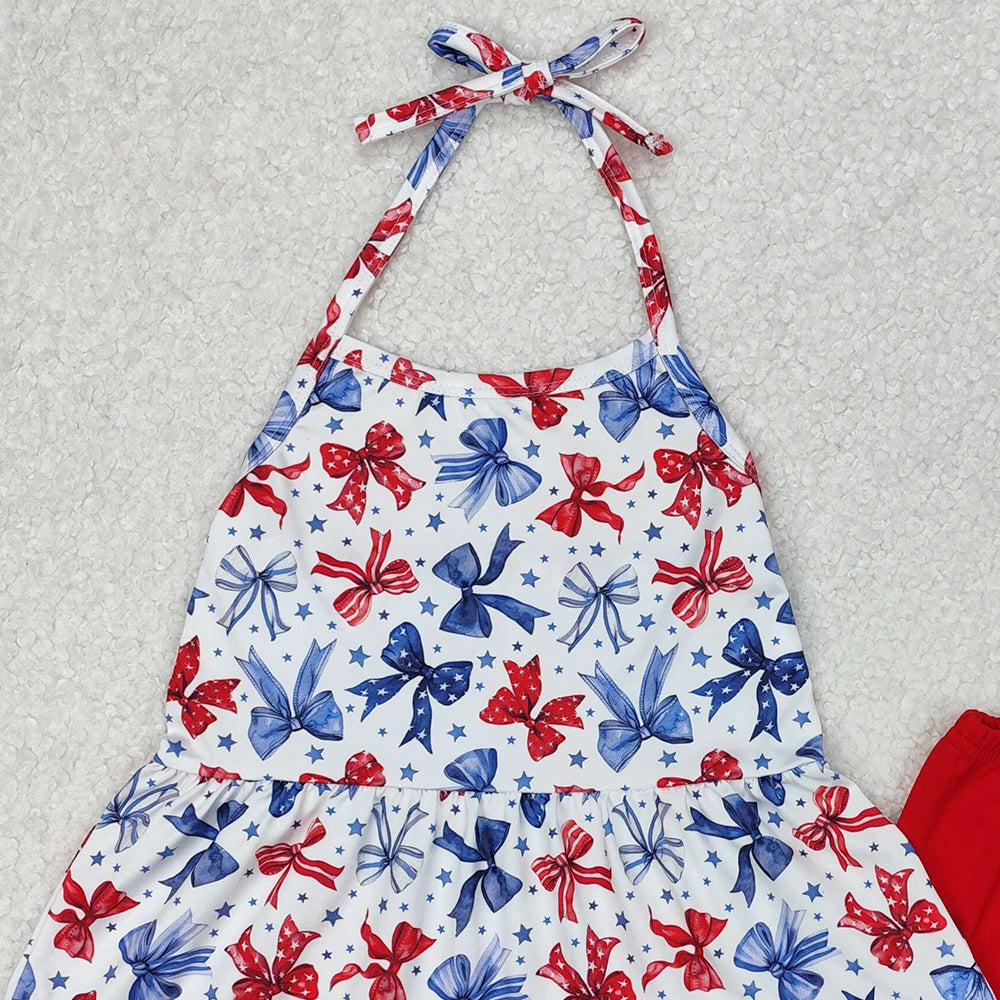 GSSO1928Girls Halter Top Shorts Set Stars Stripe Bow 4th of July Outfit Red White And Blue Patriotic Clothing for Kids