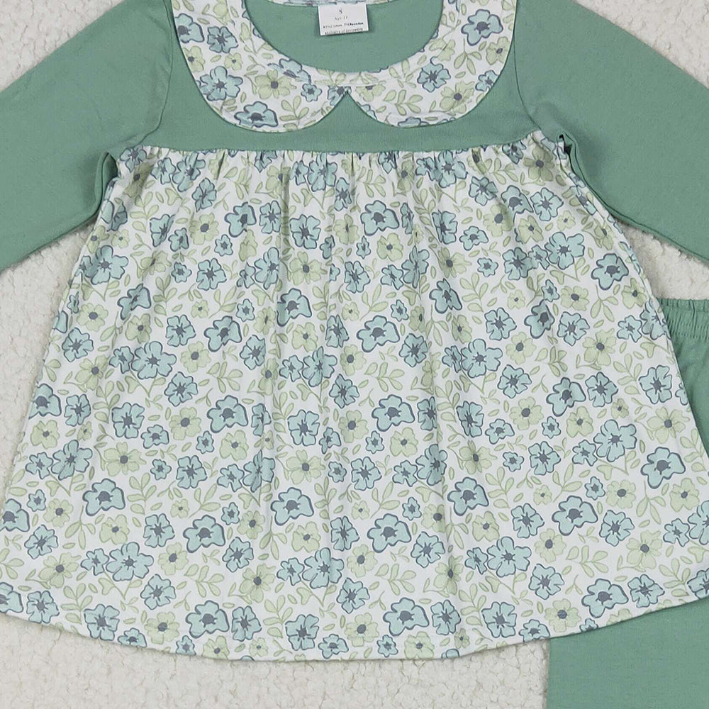 RTS NO MOQ （In stock） GLP2407 Baby Girls Winter Outfits Baby Girls Green Long Sleeves Floral Tunic Ruffle Pants Clothes Sets