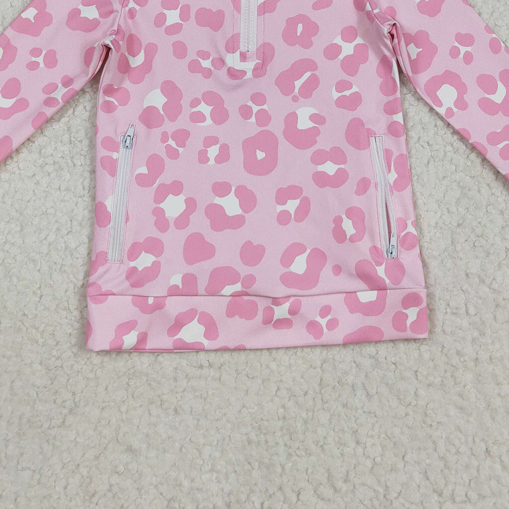 RTS NO MOQ （In stock）GT1070 Baby Girls  Yoga Tops Baby Girls Pink Leopard Pockets Zipper Yoga Activite Jackets Top