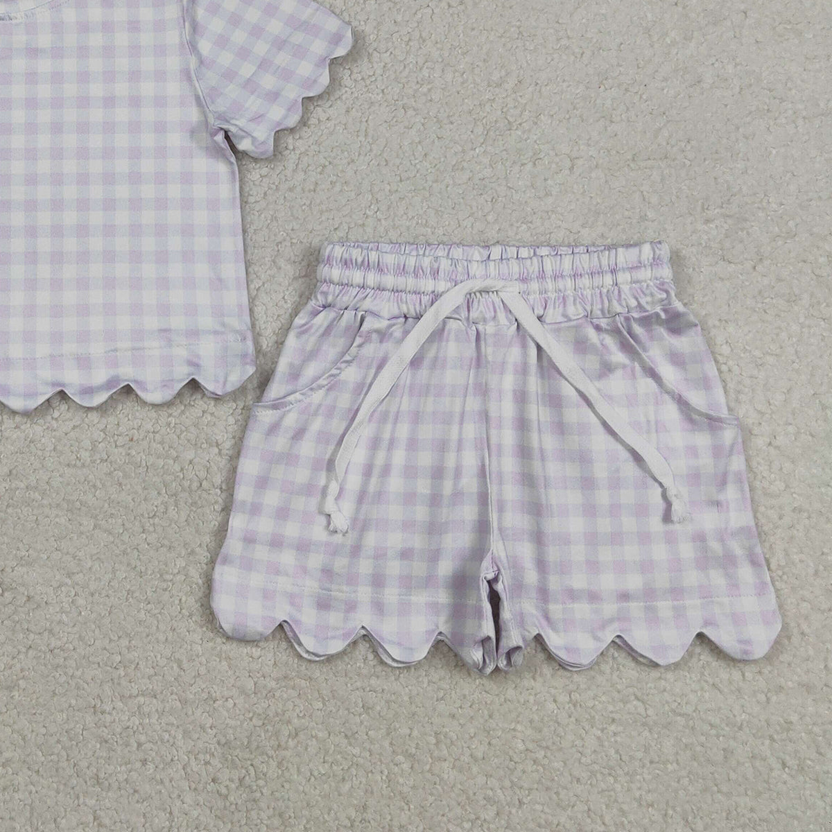 3.17 RTS NO MOQ （In stock）GSSO3181 Fashion Clothing For Baby Girls Lavender Checked Shirts Top Scallop Shorts Clothes Sets