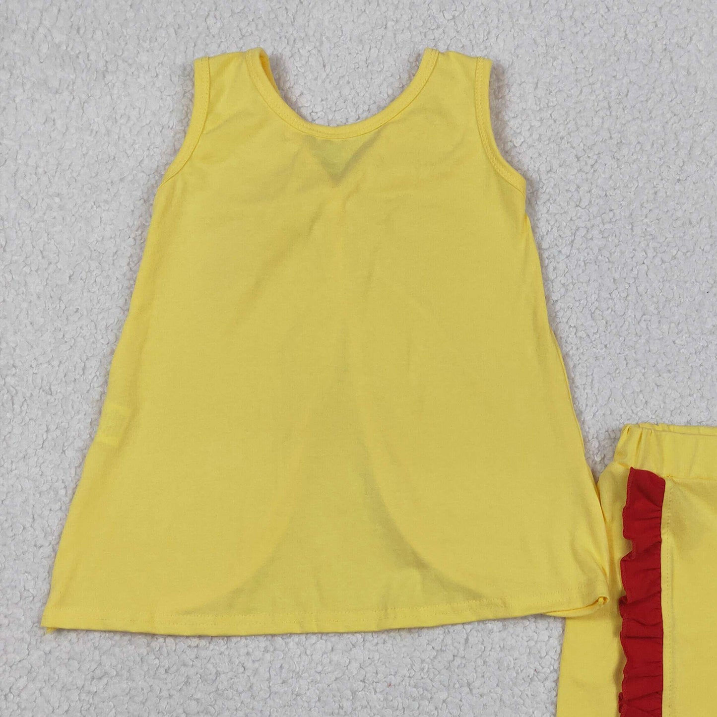GSSO3466 RTS NO MOQ （In stock ）Sleeveless red bow top yellow shorts princess girls outfits