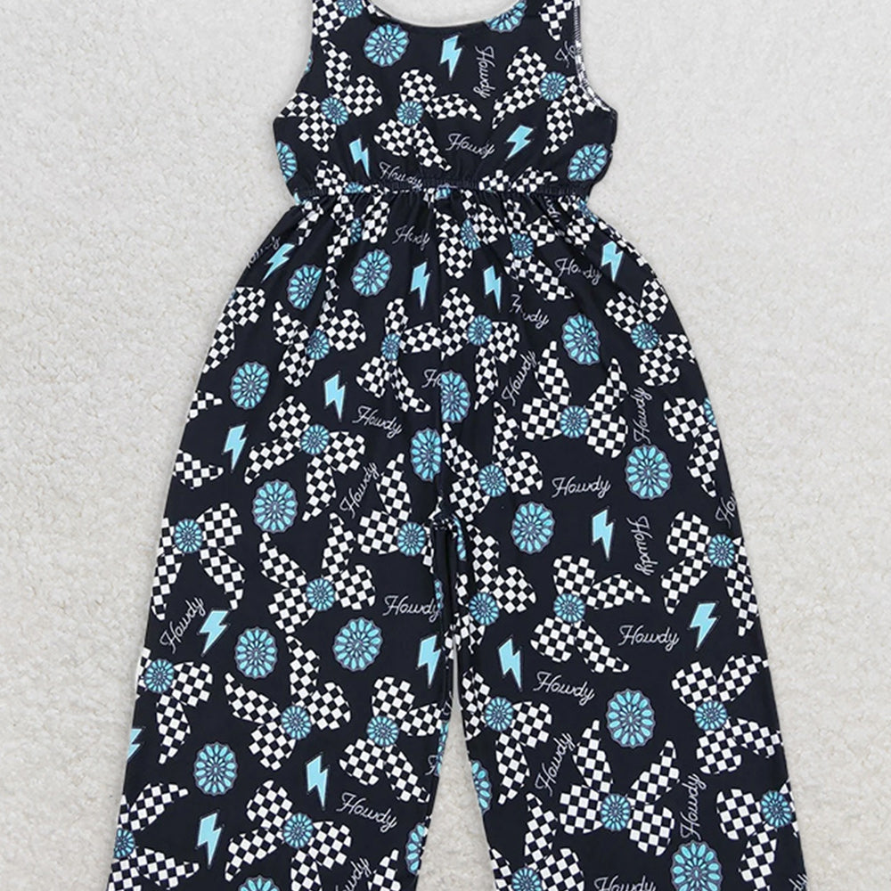 SR2466RTS NO MOQ Baby Girls Summer Jumpsuits Trendy Straps Turquoise Bow Howdy Western Jumpsuit for Fashionable Girls