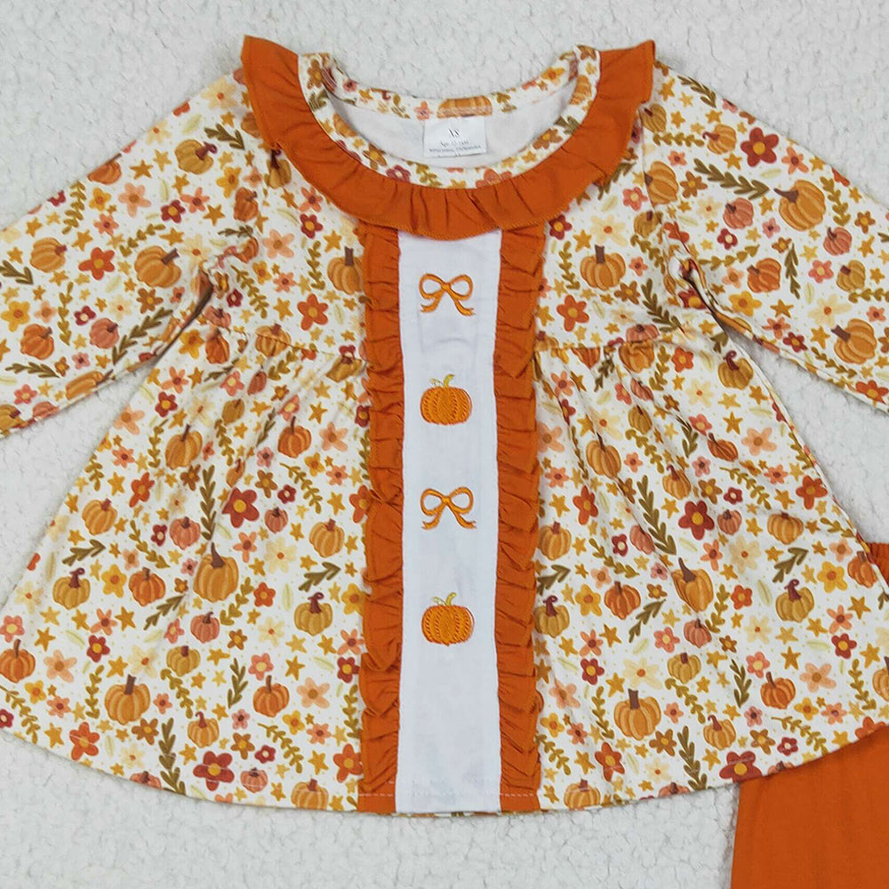 8.16  GLP2361RTS NO MOQ Baby Girls Winter Outfits Embroidery Baby Girls Long Sleeves Bows Pumpkins Floral Tunic Ruffle Pant Set
