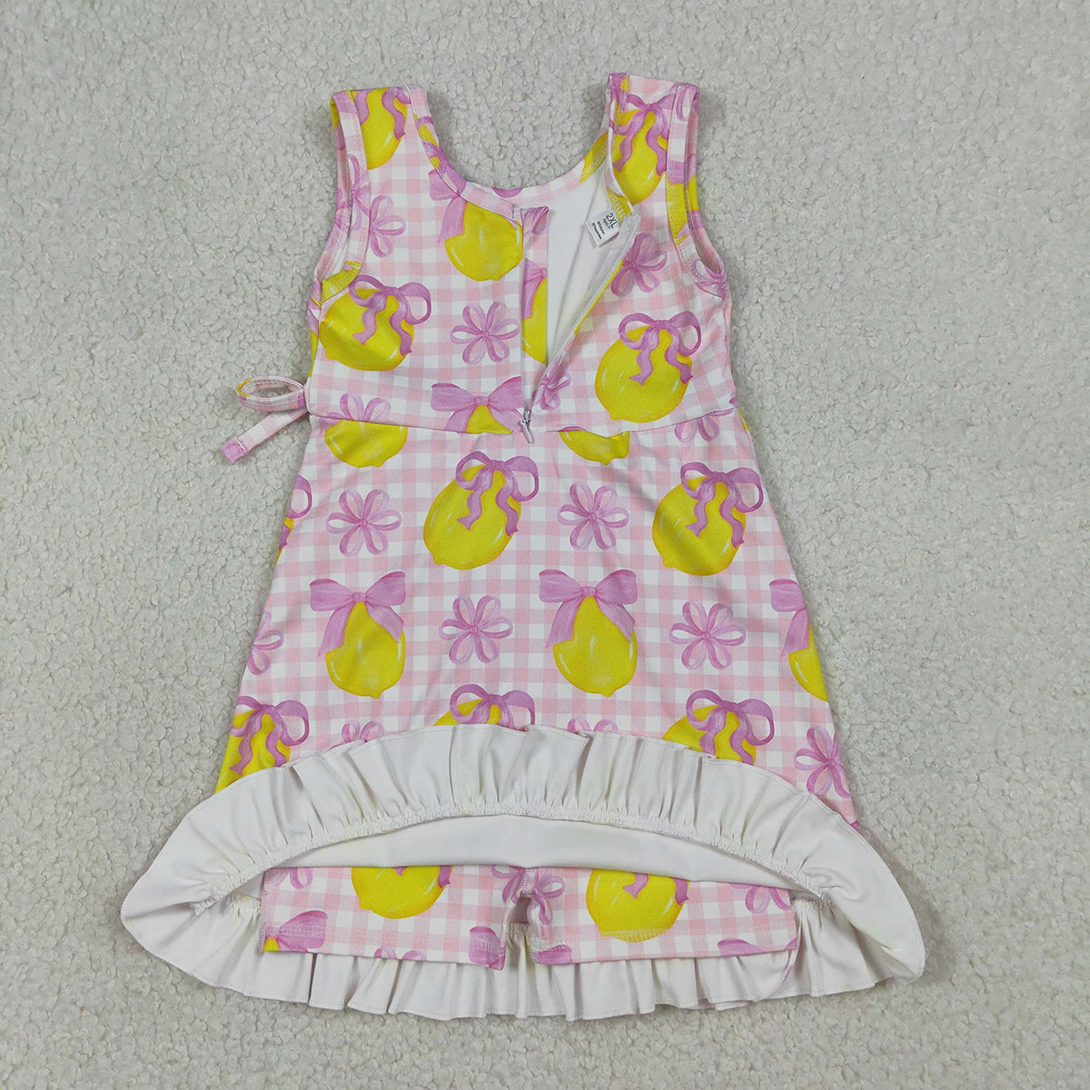 3.31 RTS NO MOQ （In stock GSD3683 Sleeveless pink plaid bow lemon girls summer athletic dress