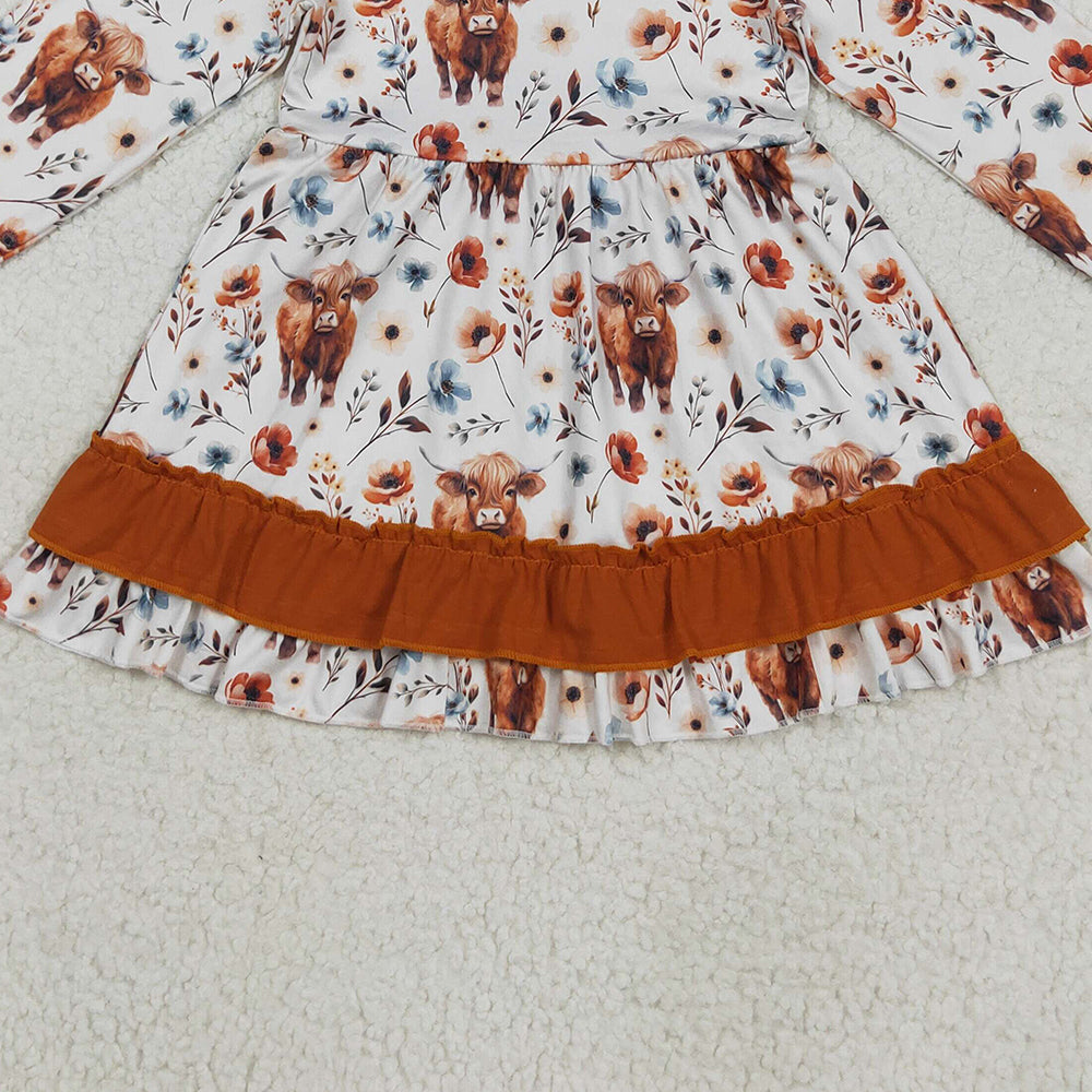 RTS NO MOQ （In stock）GLD0784 Baby Girls Winter Dress Baby Girls Western Flowers Highland Cow Knee Length Dresses