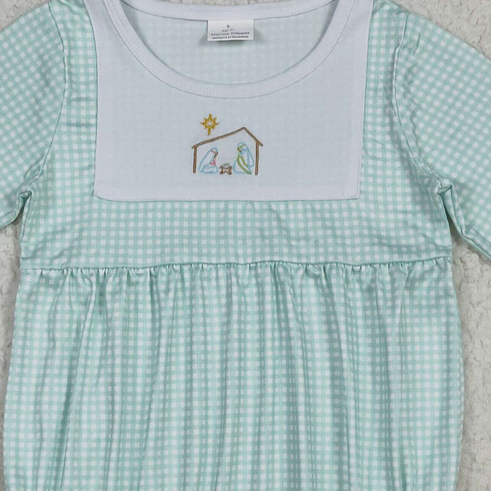 RTS NO MOQ （In stock）LR2265 Baby Girls Winter Rompers Embroidery Baby Boys Aqua Plaid Christmas Jesus Bummies Rompers