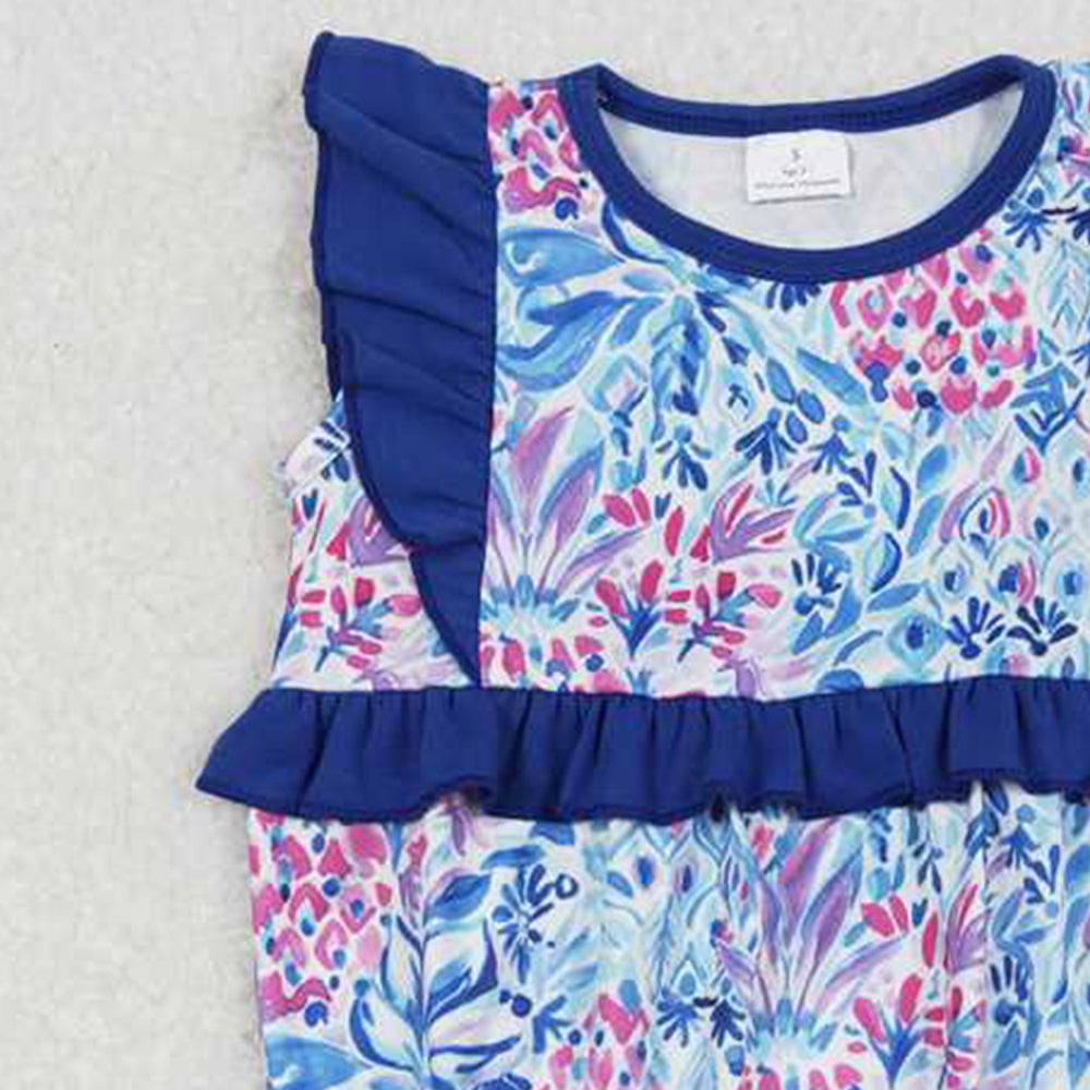 SR1033 New Rts No Moq 8-9 Days By Air Arrived it Flutter sleeves blue floral bow baby girls romper