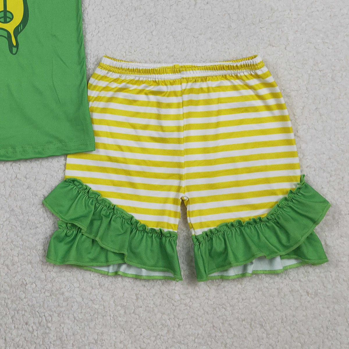 1.22 RTS NO MOQ （In stock）GSSO2867 Baby Girls Flutter Sleeve Green Golf Flags Top Ruffle Shorts Clothes Sets