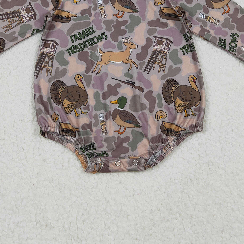 9.29 RTS NO MOQ （In stock）LR2440 Baby Boys Winter Rompers Baby Boys Brown Camo Turkey Ducks Hunting Rompers