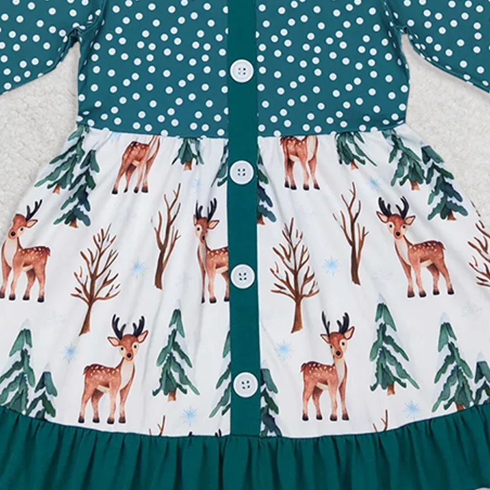 GLD0429 RTS NO MOQ Baby Girls Winter Dress  Baby Girls Christmas Tree Deer Long Sleeve Ruffle Dresses