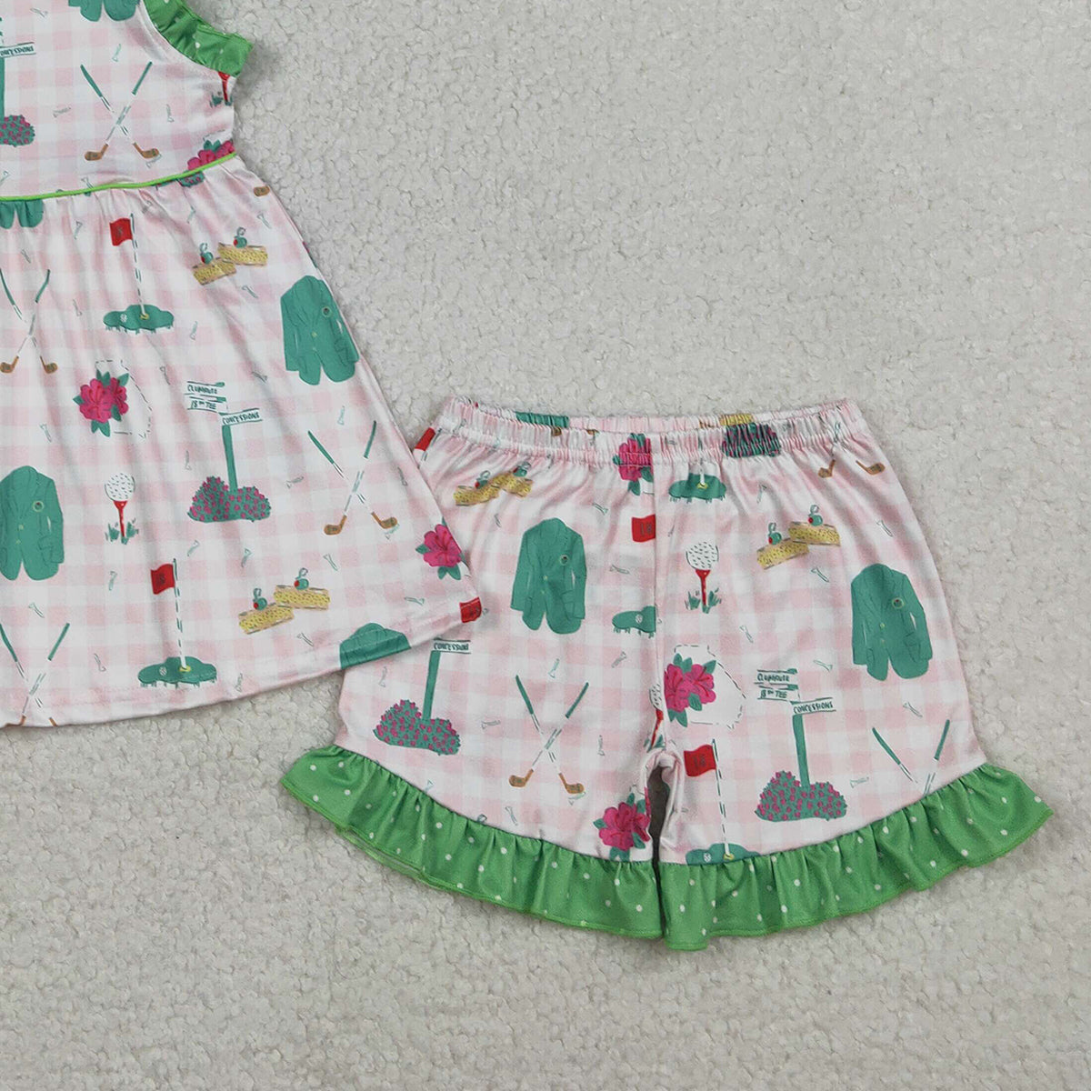 1.19 RTS NO MOQ （In stock）GSSO3099 Baby Girls Strap Pink Checked Golf Flags Tunic Ruffle Shorts Clothes Sets