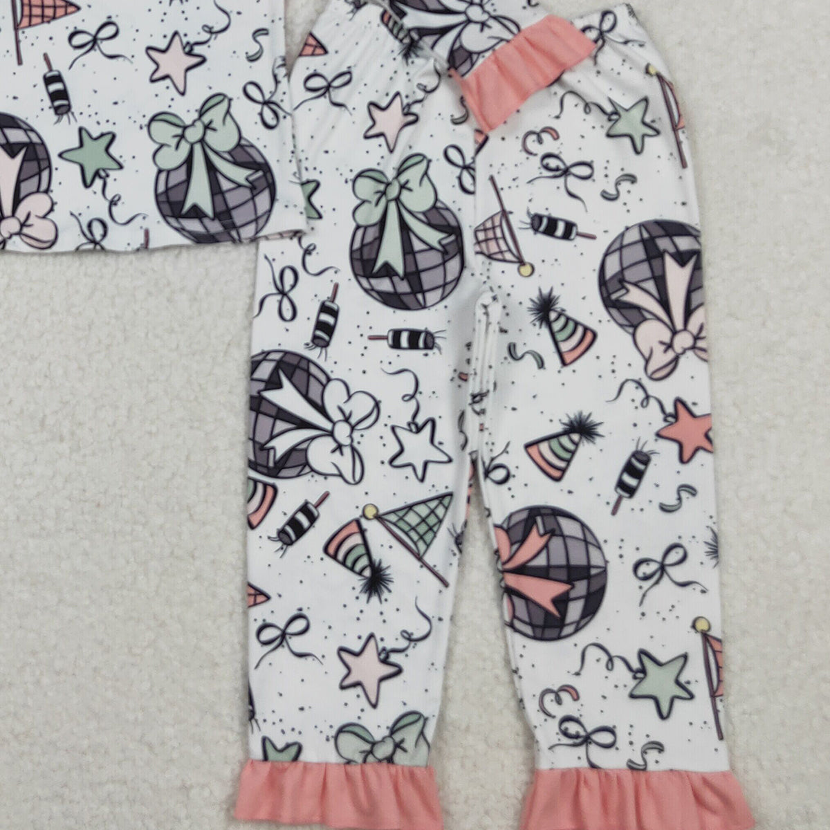 10.21 RTS NO MOQ （In stock）GLP2711 Baby Girls Happy New Year Top Ruffle Pant Pajamas Sets