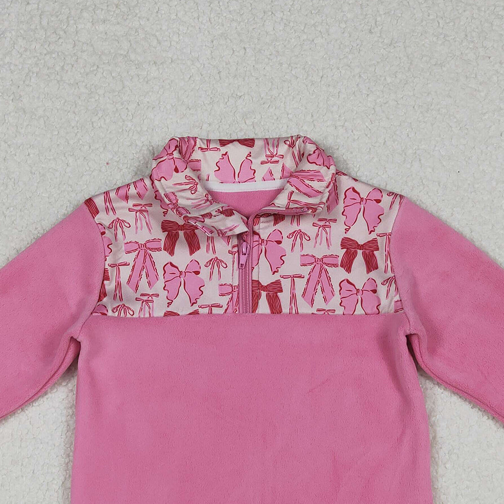 RTS NO MOQ （In stock）GT1149 Baby Girls Long Sleeve Tops Pink Bows Plaid Quatrefoil Zipper Pullover Sherpa Tops