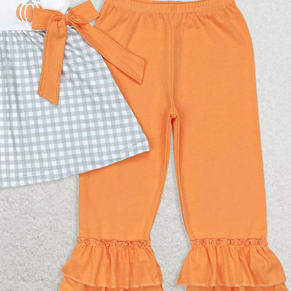 GSPO1533 RTS NO MOQ Baby Girls Spring Outfits Pumpkin orange bow green plaid flying sleeve trousers suit