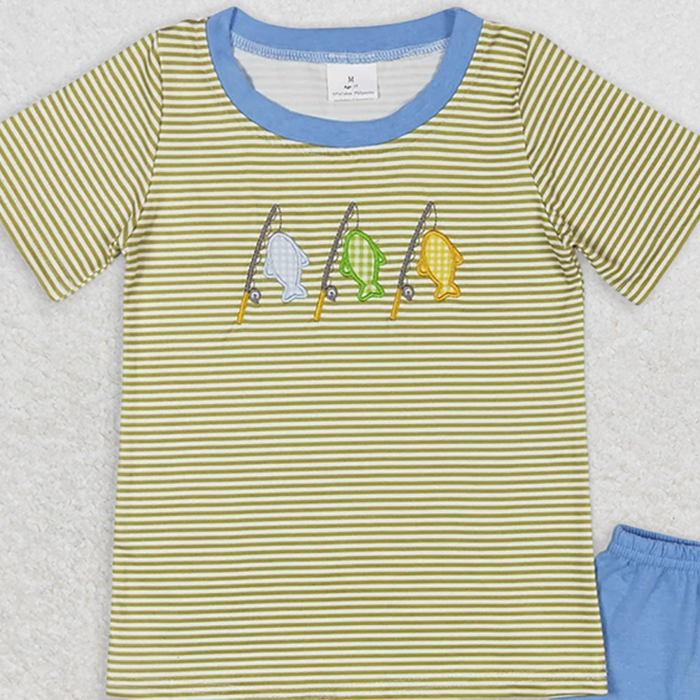 BSSO0732 RTS NO MOQ Baby Boys Summer Boys Outfits Baby Boys Stripes Fishing Short Sleeve Tee Shirts Tops Shorts Clothes Sets