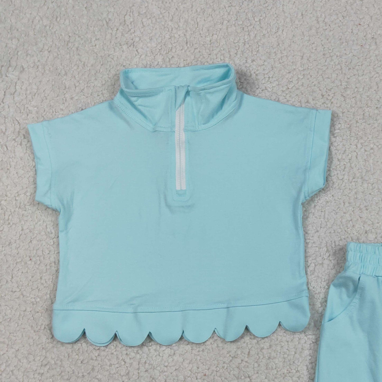 GSSO3376 RTS NO MOQ （In stock ）Aqua short sleeves scallop pullover shorts girls outfits