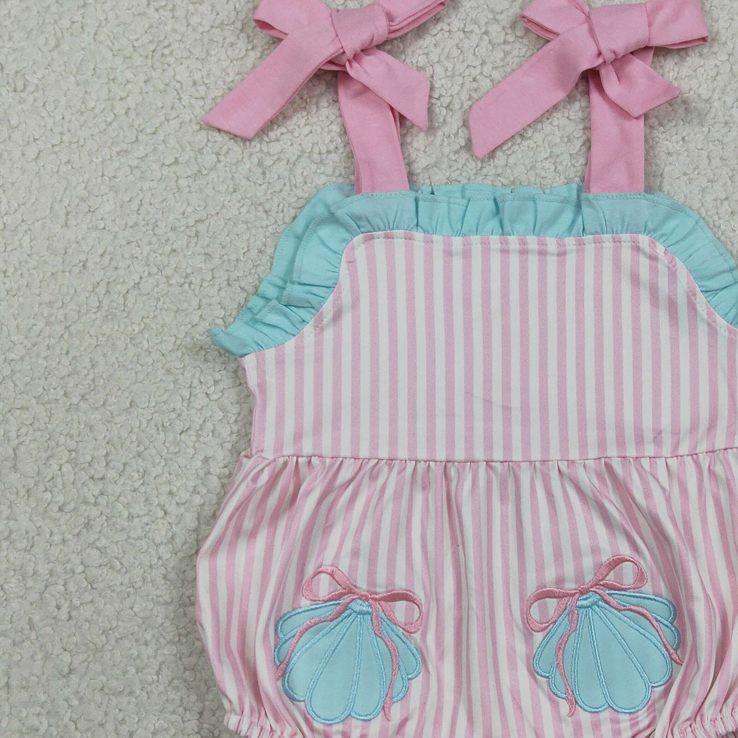 SR4127 RTS NO MOQ （In stock）Embroidery Shell Pockets Baby Girls Strap Pink Stripe Ruffle Rompers