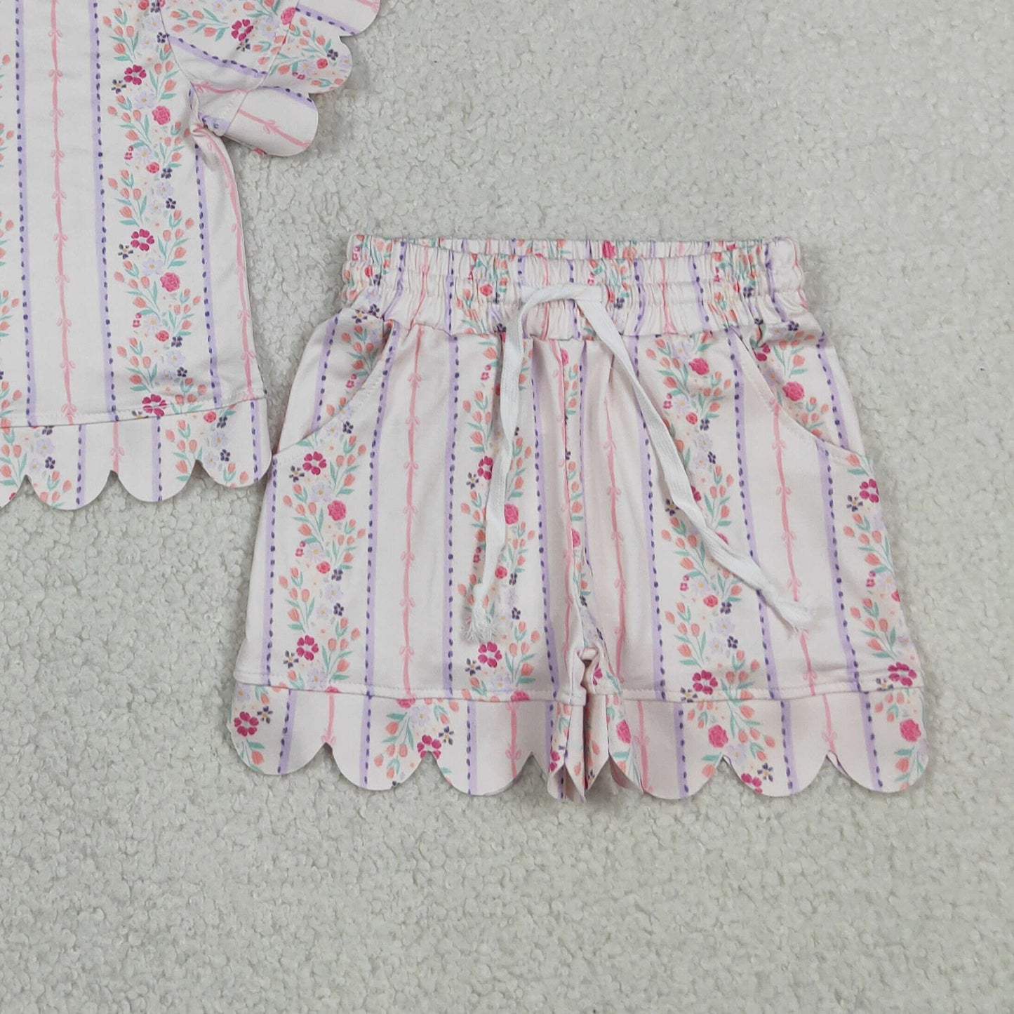 GSSO3411 RTS NO MOQ （In stock）Short sleeves scallop floral toddler girls summer outfits