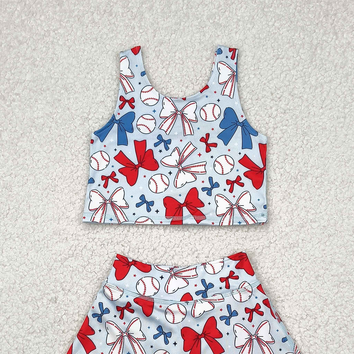 5.15 GSD2151 RTS NO MOQ Baby Girls Yoga Outfits  Sleeveless baseball red blue bow kids girls active wear set