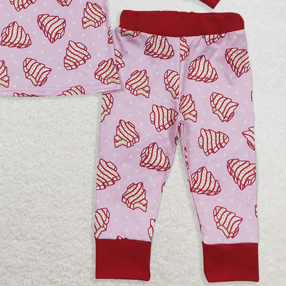 RTS NO MOQ （In stock） GLP0453 Baby Girls Winter Outfits Christmas tree biscuit polka dot pink long sleeve trousers suit